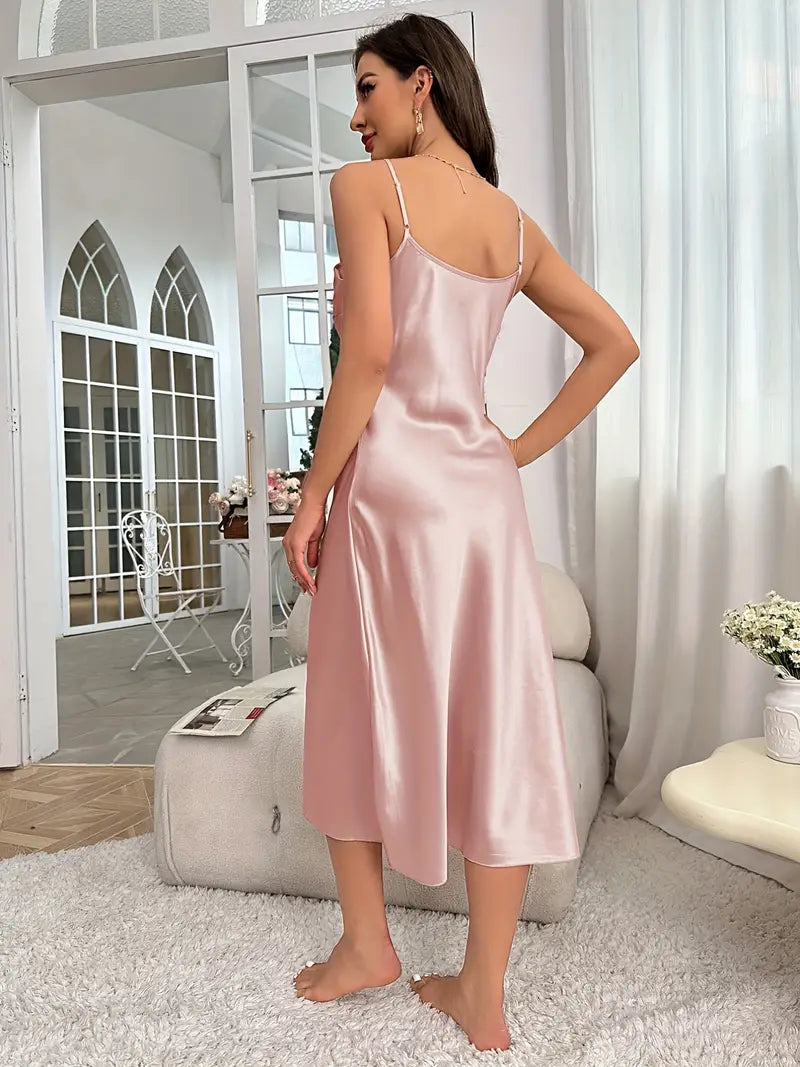 Satin silk V Neck Long Sleep Dress