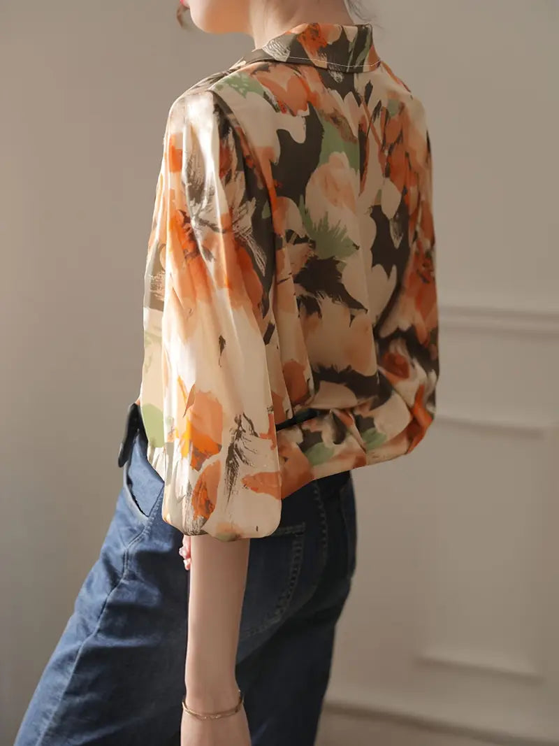 Spring & Fall Floral Ink Print Slimming Shirt