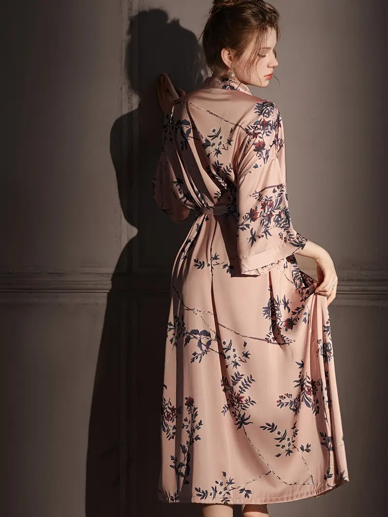 Luxurious Floral Print Satin Robe for Women