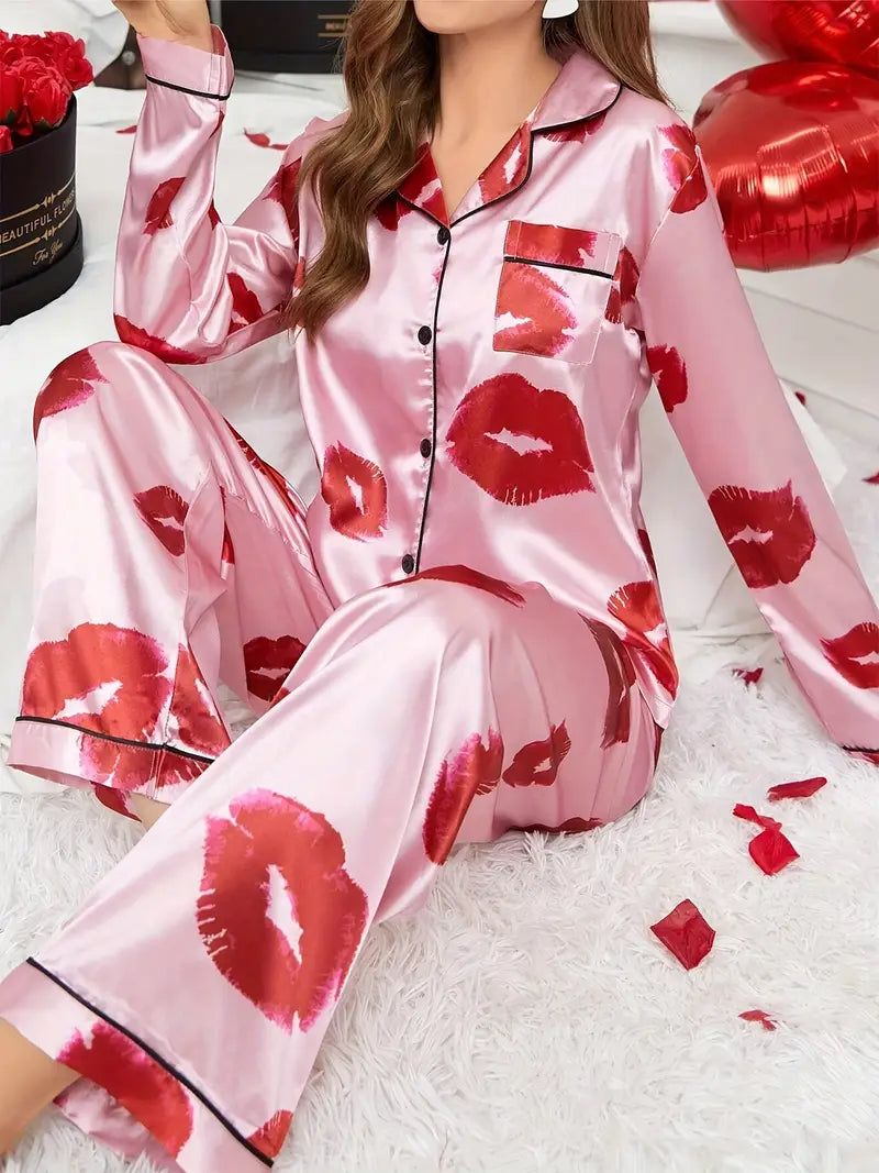 Lip Print Satin Cami Top & Shorts Pajama Set