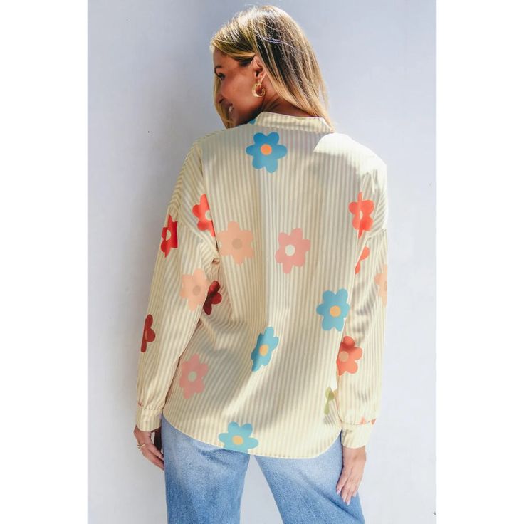 Apricot Stripe Flower Print Collared Button-up Loose Fit Shirt