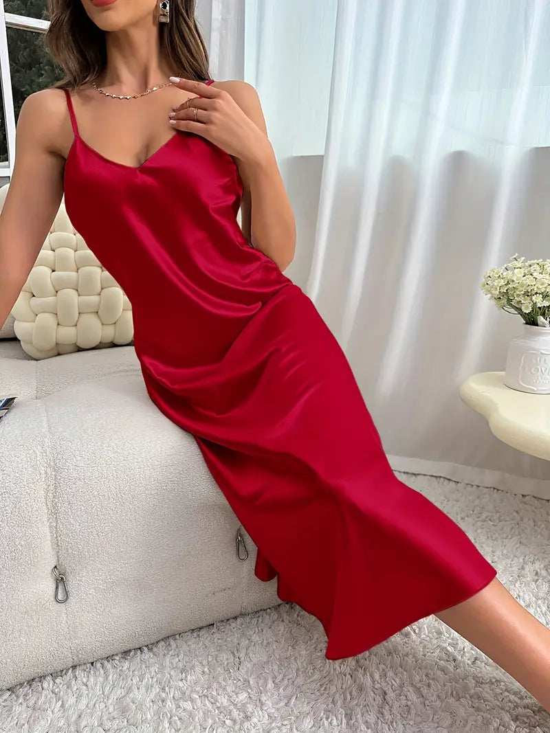 Satin silk V Neck Long Sleep Dress