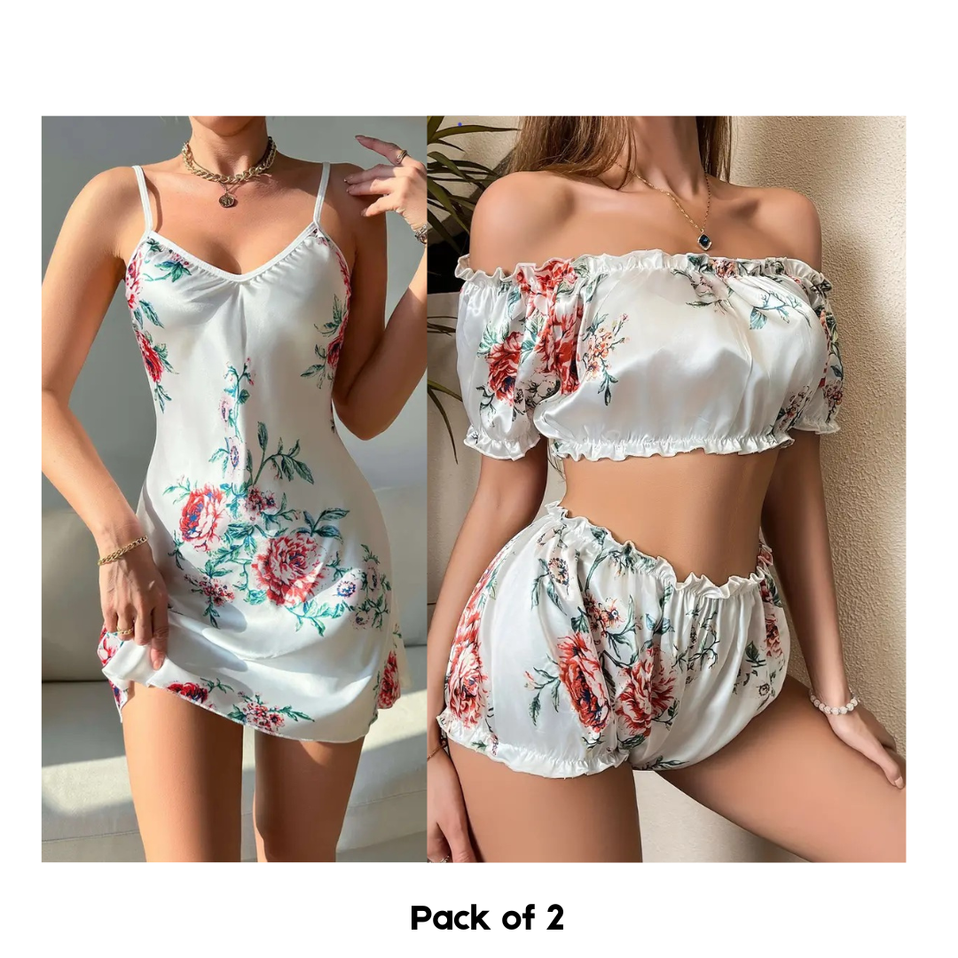 white  Floral satin pajama set/ sleep dress set Marquisa Store