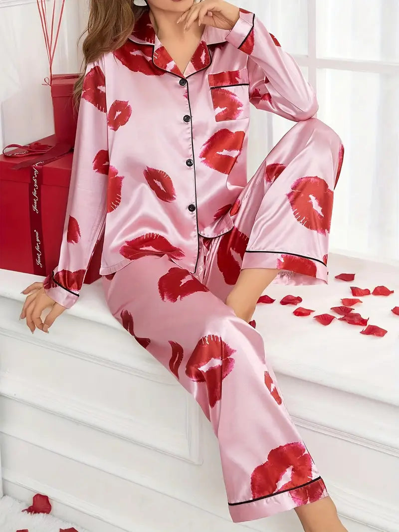 Lip Print Satin Cami Top & Shorts Pajama Set