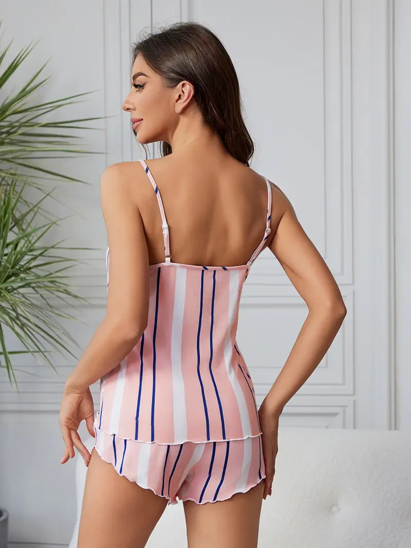 Stripe Print Frill Trim Pajama Set