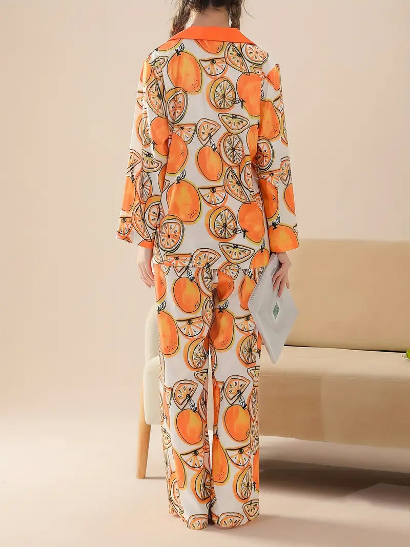 Orange Print Pajama Set, Long Sleeve Lapel Top & Pants Marquisa Store
