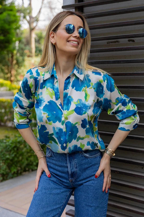 Elegant Women's blue floral print blouse