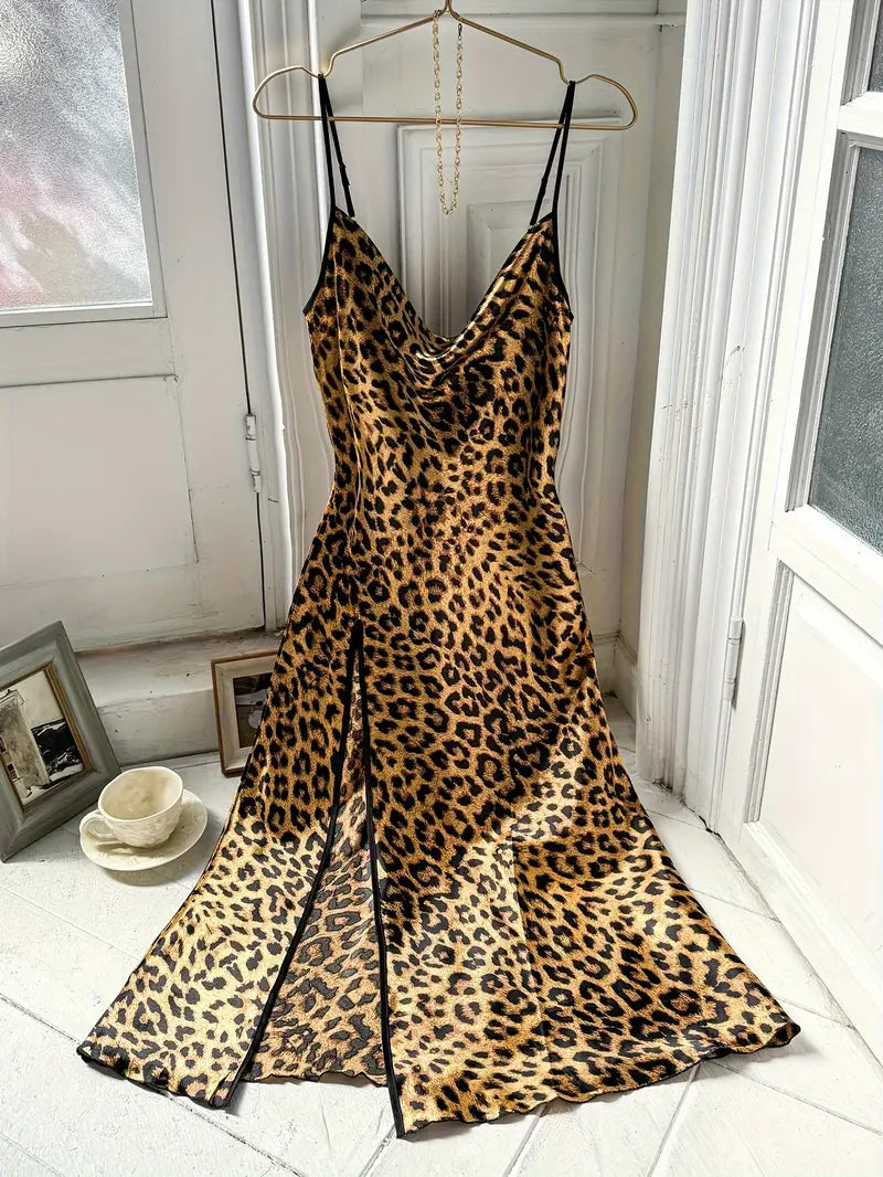 Leopard Satin Slip Nightdress, Draped Collar Split Backless Sleep Dress
