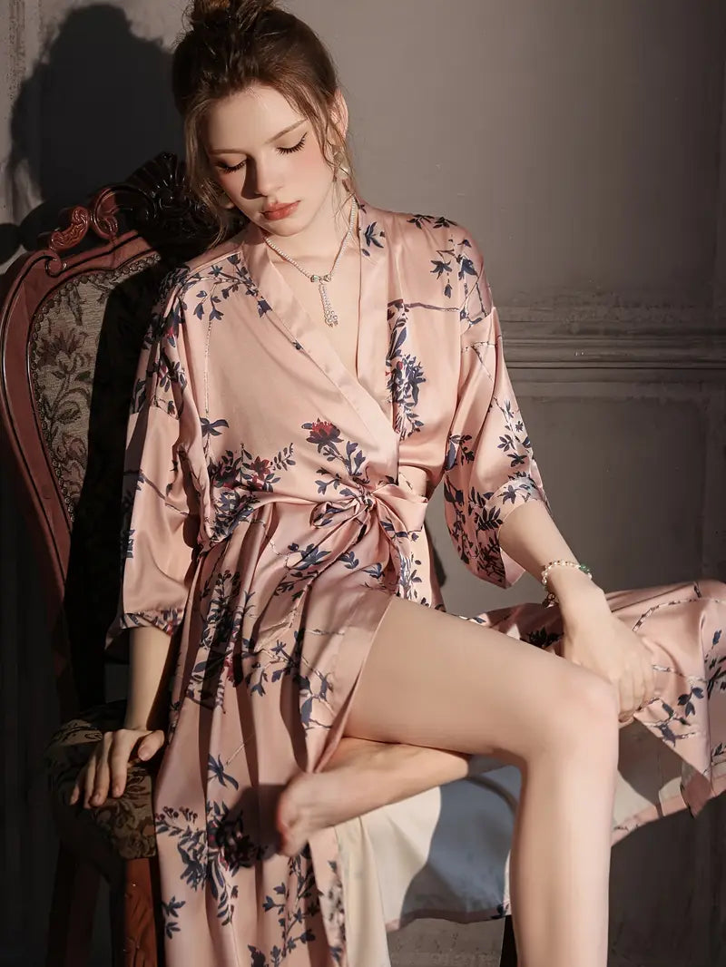 Luxurious Floral Print Satin Robe for Women