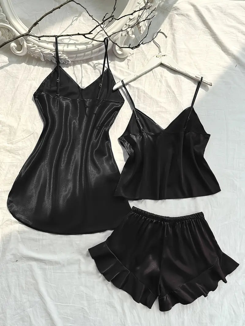 V Neck one piece with Cami Top & Shorts Sleep dress, pajama set 3 pcs