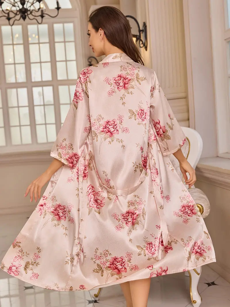 Women's Elegant Floral Long robe with one piece