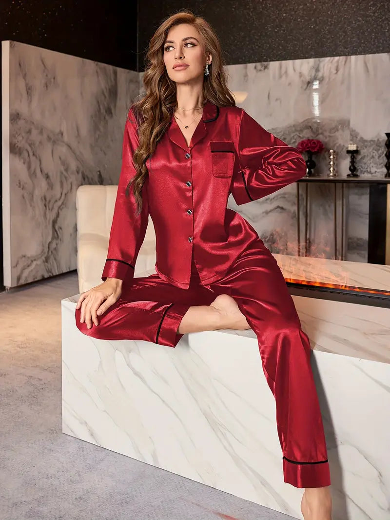 New Autumn Women's Pajama Set, Elegant Long-sleeved Shirt and Elastic Waist Pants