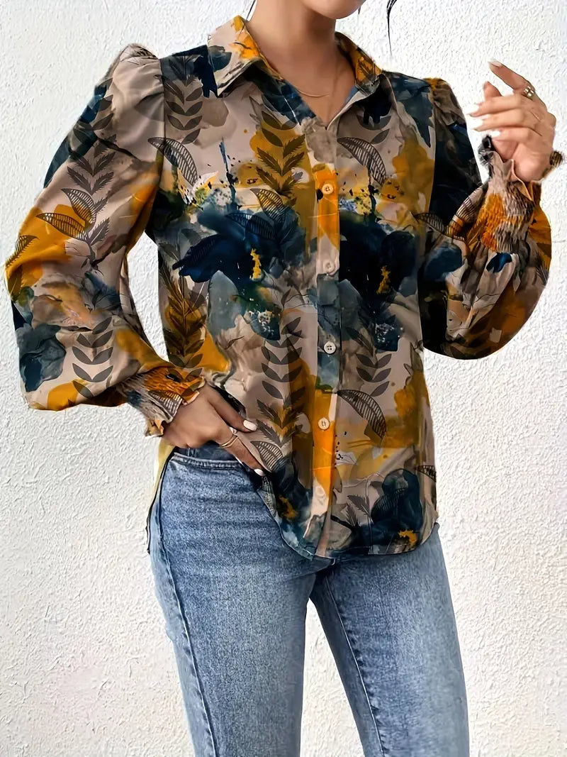 Women's Casual Lapel Collar Shirt with Leaf Print Marquisa