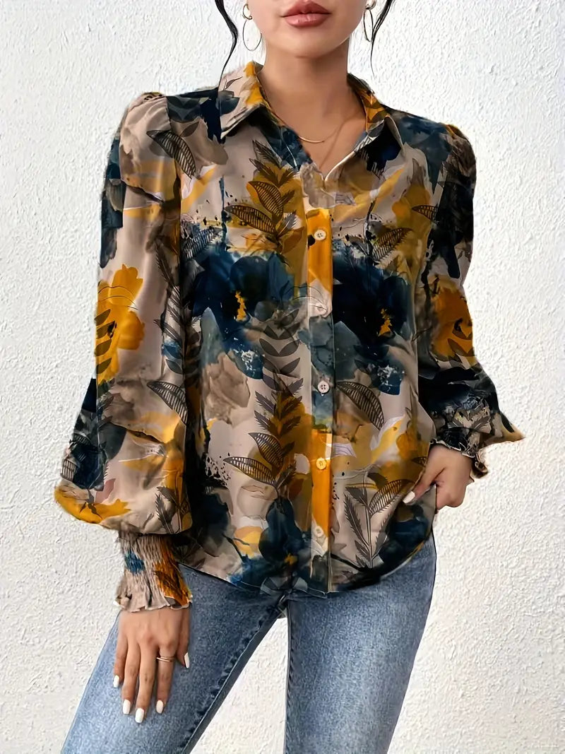 Women's Casual Lapel Collar Shirt with Leaf Print Marquisa
