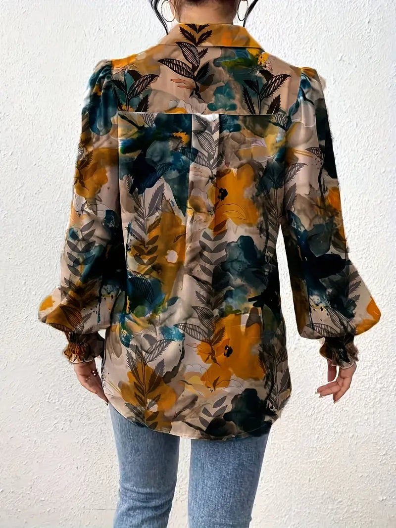Women's Casual Lapel Collar Shirt with Leaf Print Marquisa