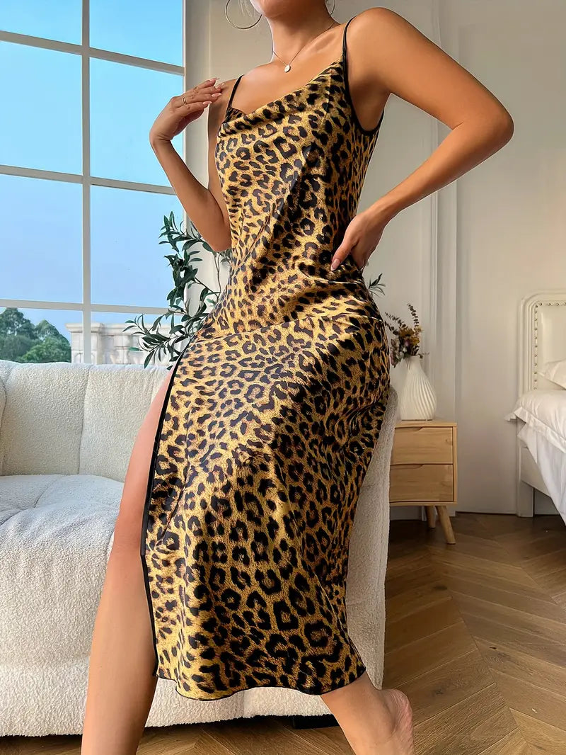 Leopard Satin Slip Nightdress, Draped Collar Split Backless Sleep Dress