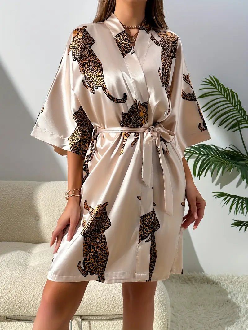 Satin Leopard Print Robe pair for Women with Belt