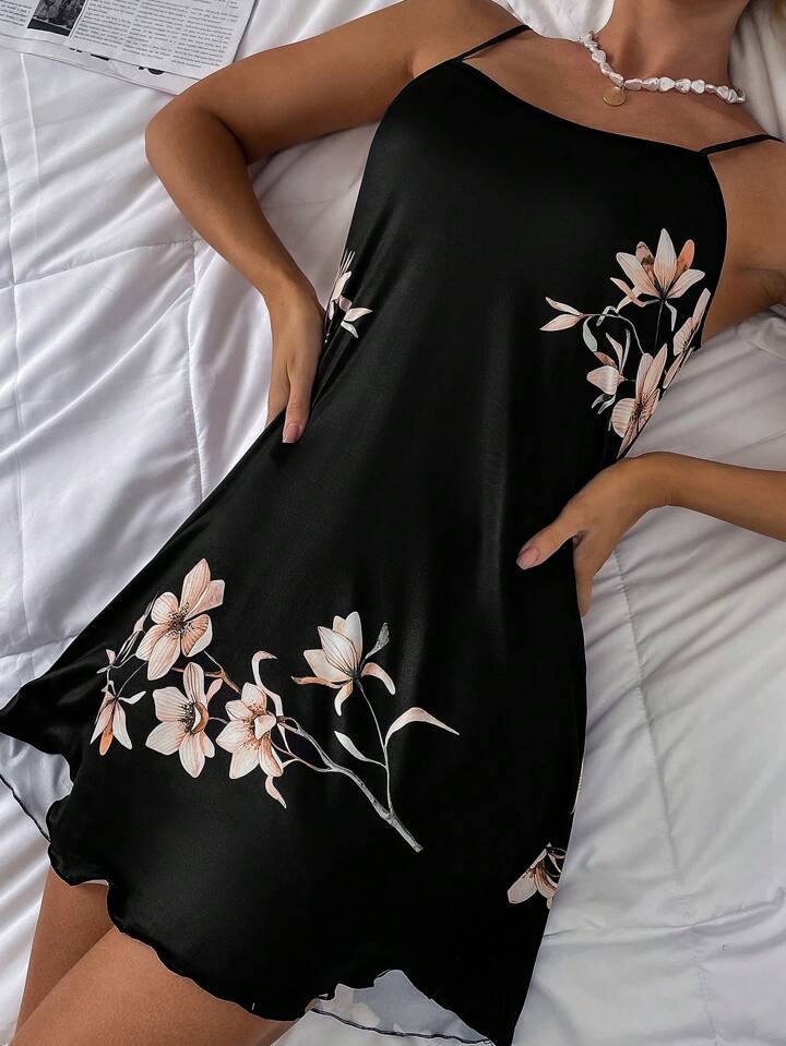 Black Floral Print Satin Sleep dress Marquisa
