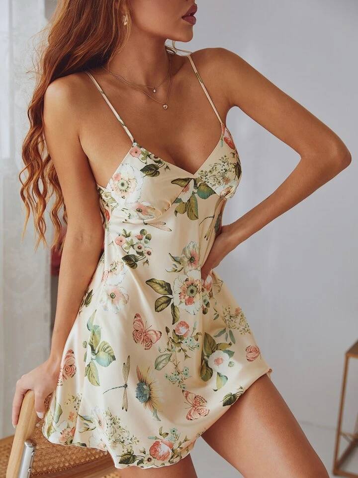 Cream Floral satin Cami Night Dress Marquisa