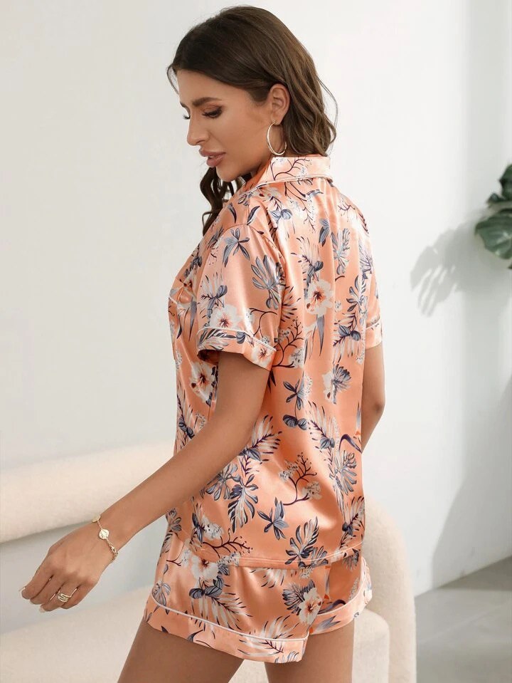 Satin Floral Pajama Set, Short sleeve Top with Short pant Marquisa Store