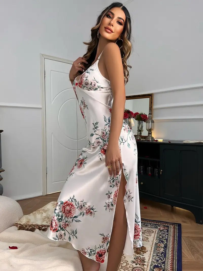 V-Neck Floral Slip Dress with Side Slit