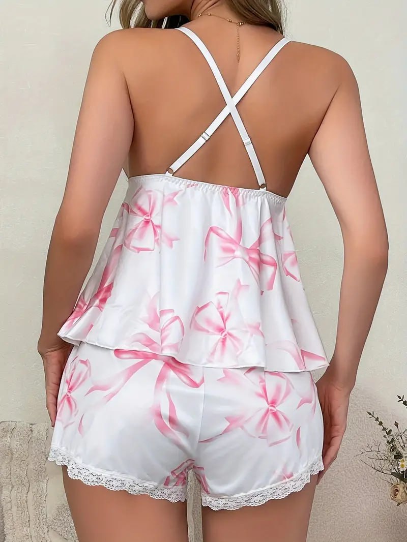 Bow V Neck Split Hem Cross Strappy Backless Nightdress