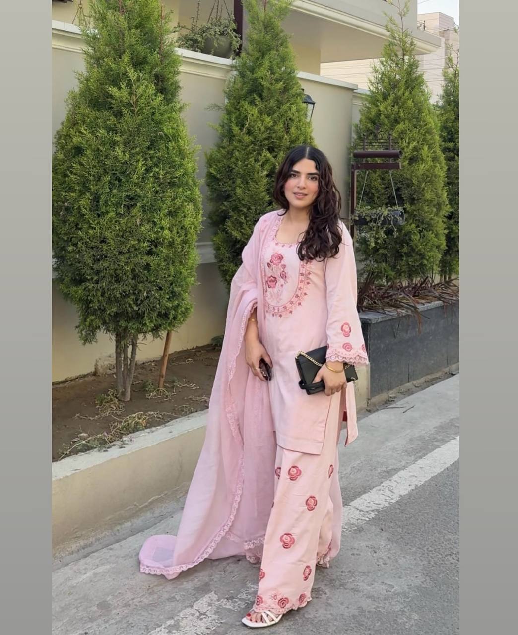 Soft Pink Elegance Floral Embroidery Top & Farsi Palazzo With Dupatta set Mahathya