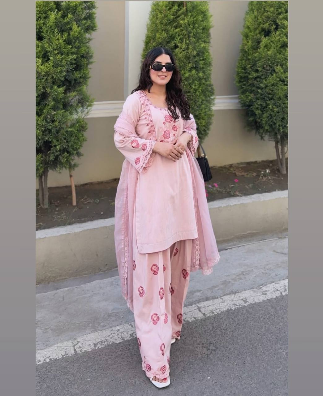 Soft Pink Elegance Floral Embroidery Top & Farsi Palazzo With Dupatta set Mahathya