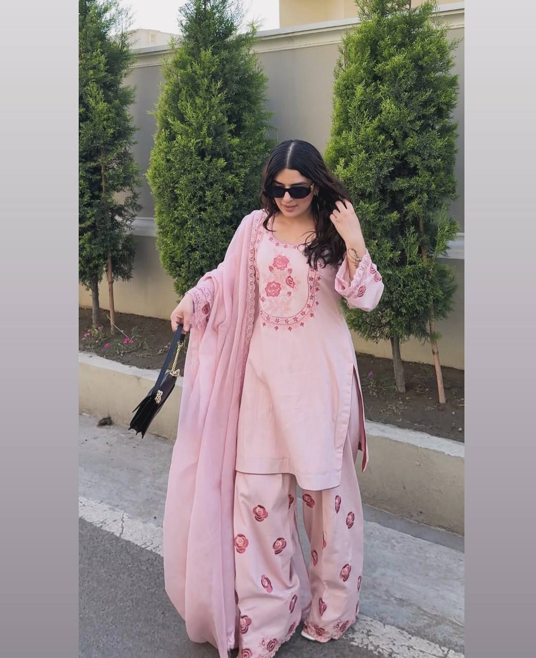 Soft Pink Elegance Floral Embroidery Top & Farsi Palazzo With Dupatta set Mahathya