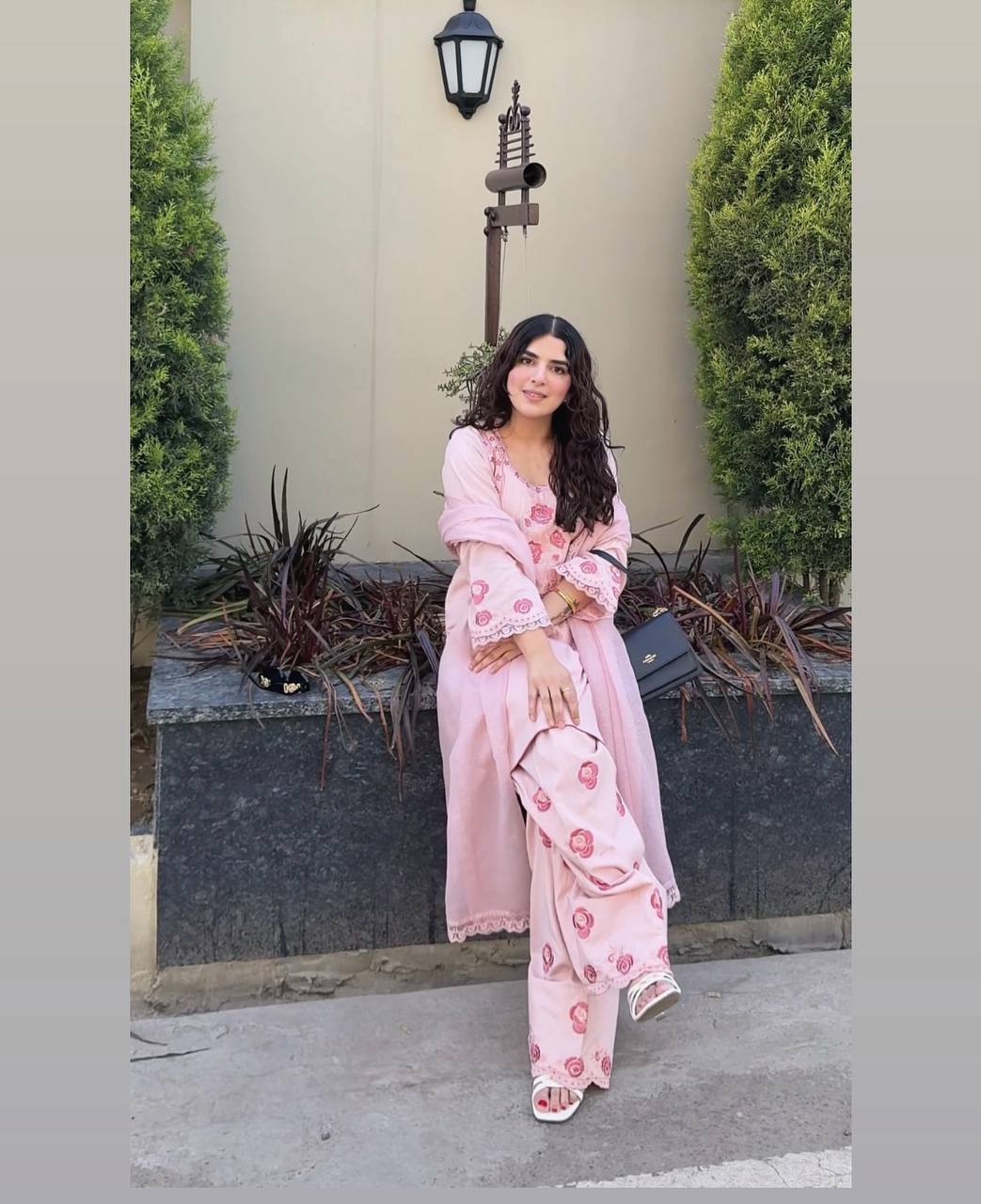 Soft Pink Elegance Floral Embroidery Top & Farsi Palazzo With Dupatta set Mahathya