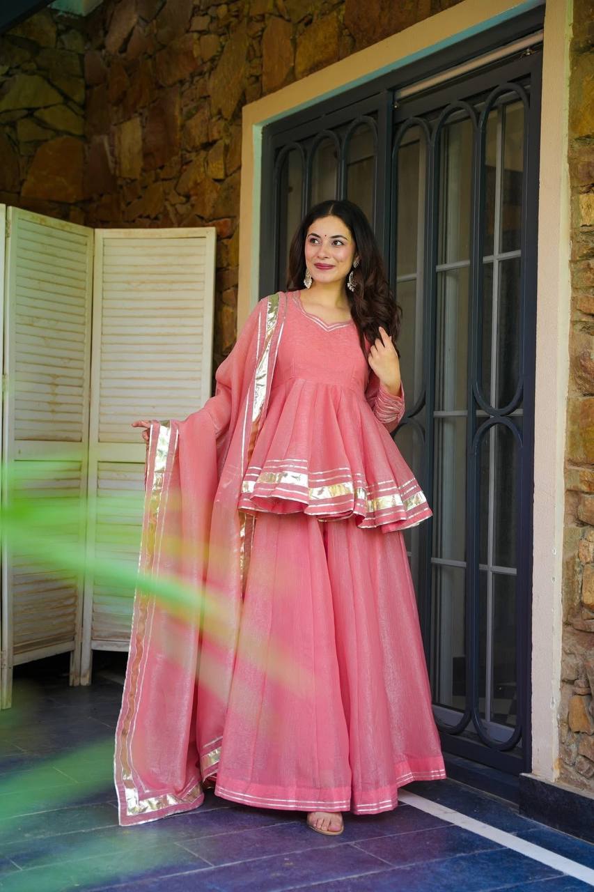 Women Gotta Patti Detail Long Sleeve A-Line Kurti Set With Dupatta