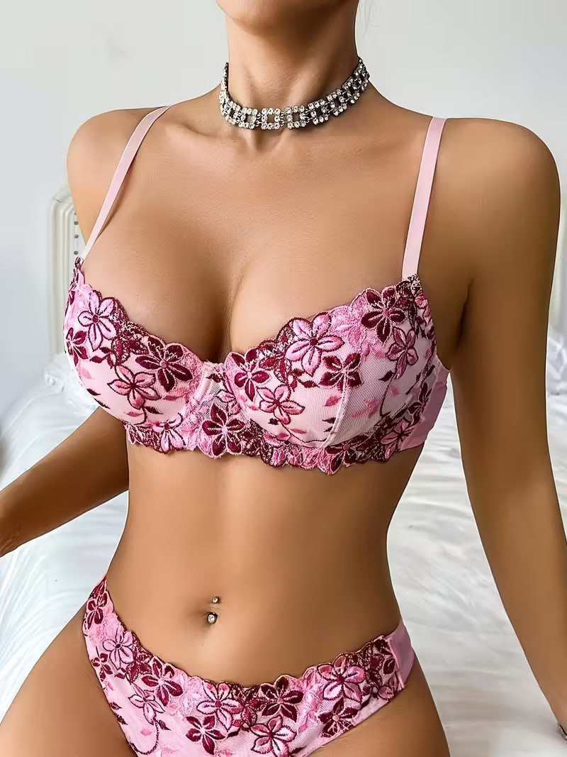 Floral Embroidered Pink Double-Layer Bralette
