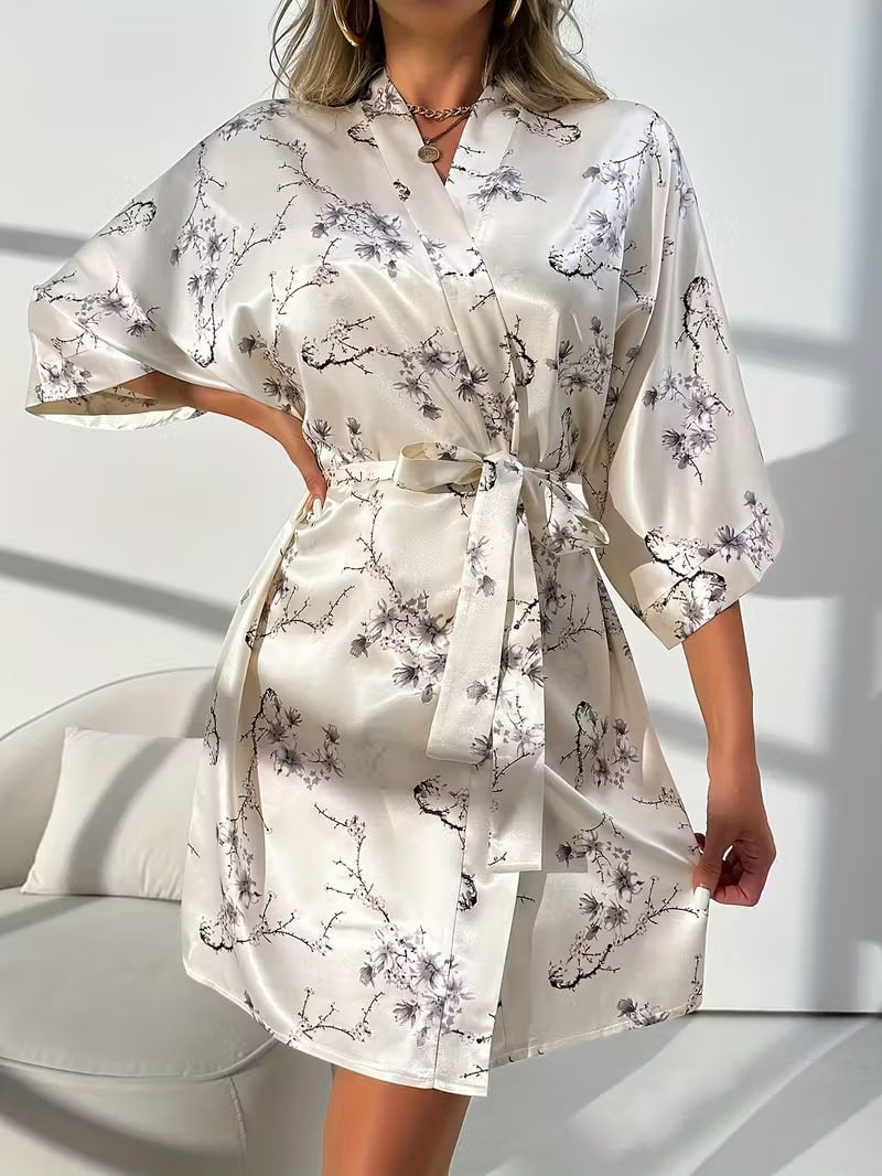 Floral Print Robe Set for Women, Off the Shoulder Nightgown with Spaghetti