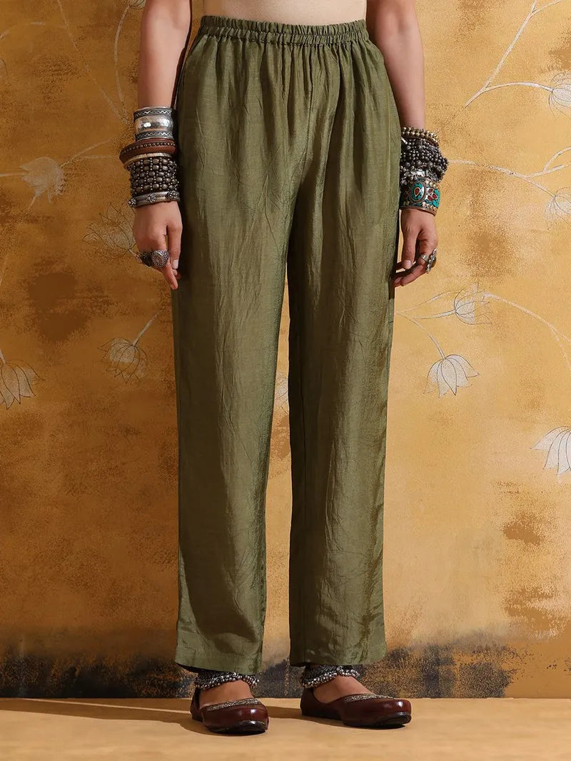 Green Blue Printed Muslin Silk Kurta with Pants