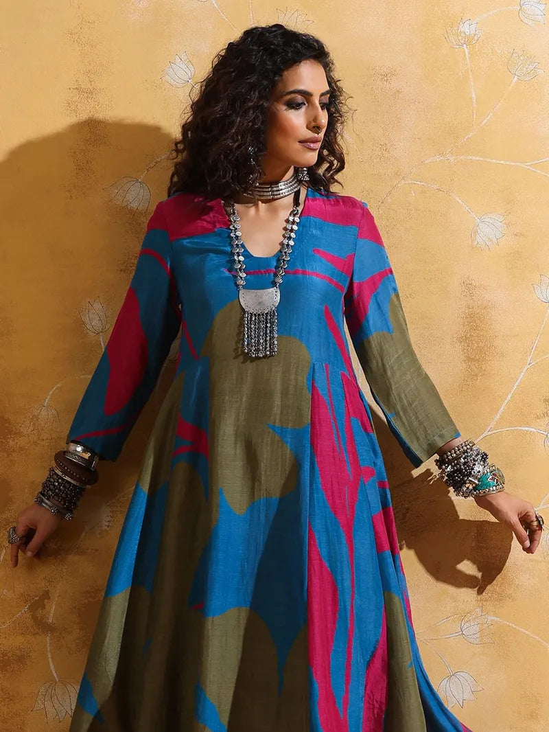 Green Blue Printed Muslin Silk Kurta with Pants