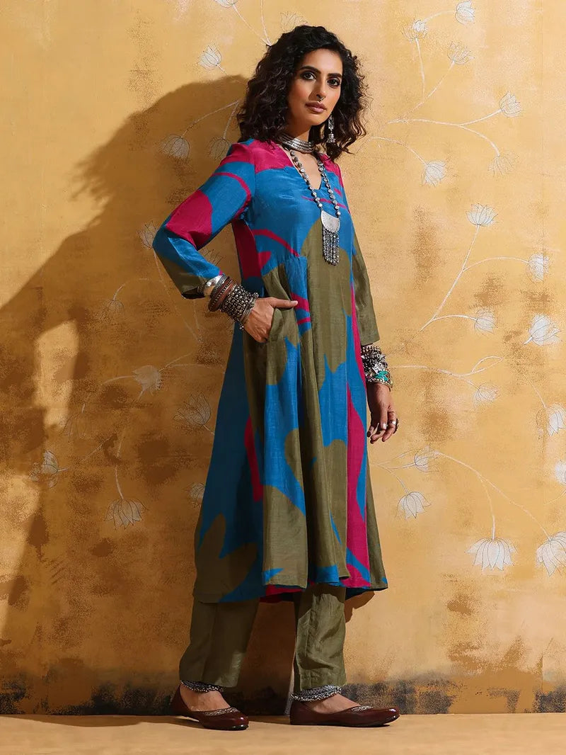 Green Blue Printed Muslin Silk Kurta with Pants