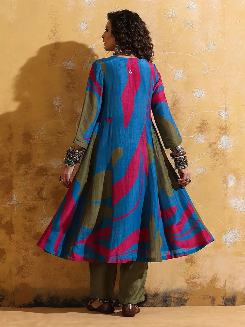 Green Blue Printed Muslin Silk Kurta with Pants